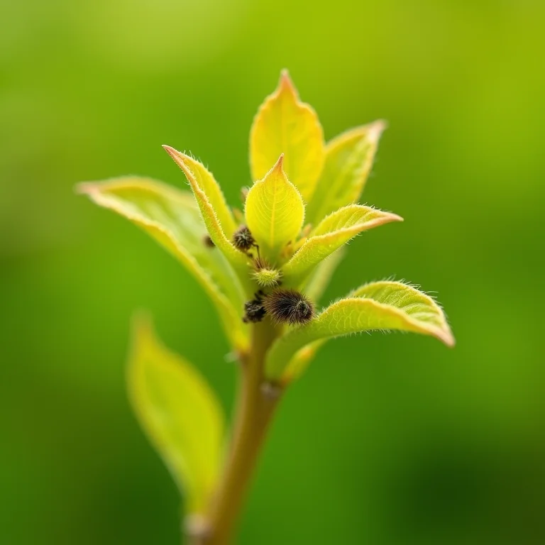 Sinais de planta doente, com folhas amareladas e pragas visíveis