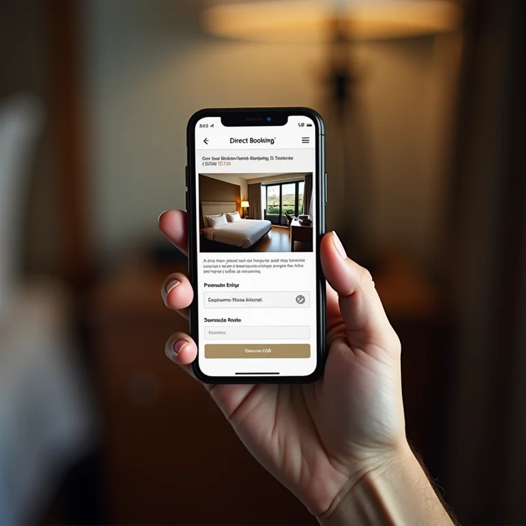 Smartphone mostrando o site de reservas diretas de um hotel