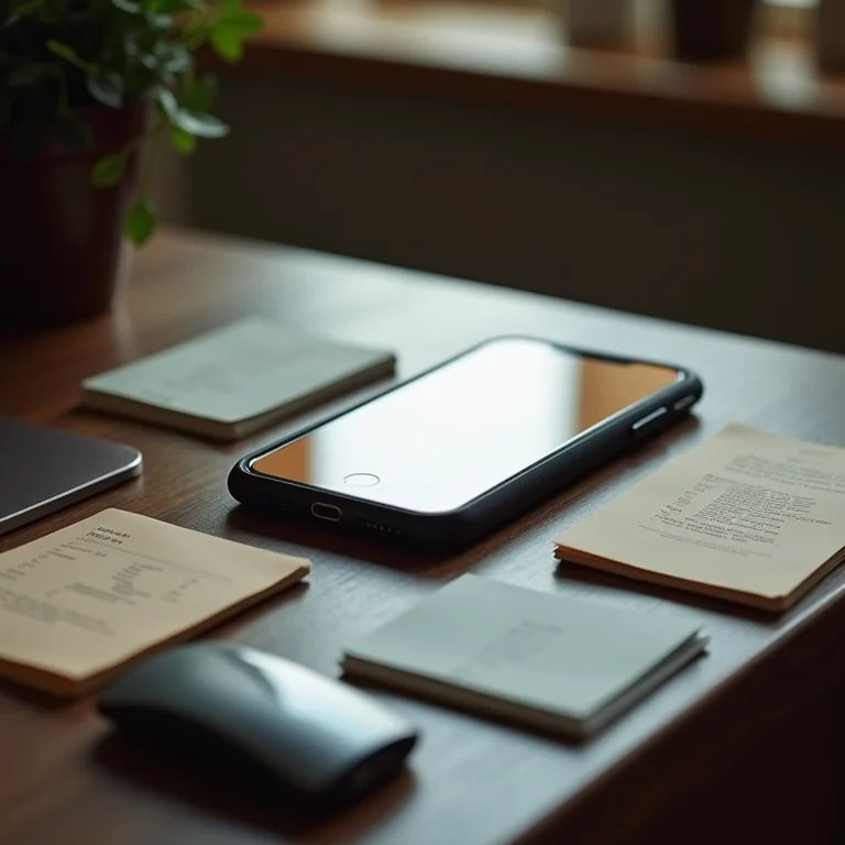 Smartphone mostrando um aplicativo de estudo e flashcards físicos na mesa.