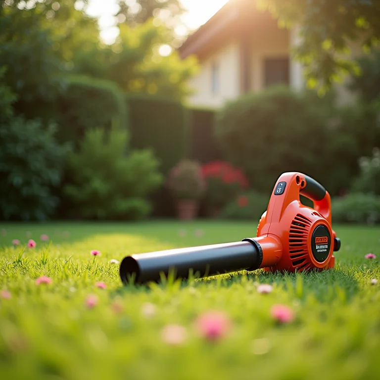 Soprador de folhas elétrico Black+Decker BEBLV300 em um jardim