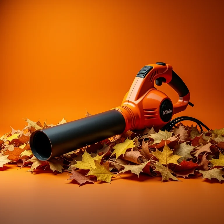 Soprador de folhas elétrico sobre pilha de folhas