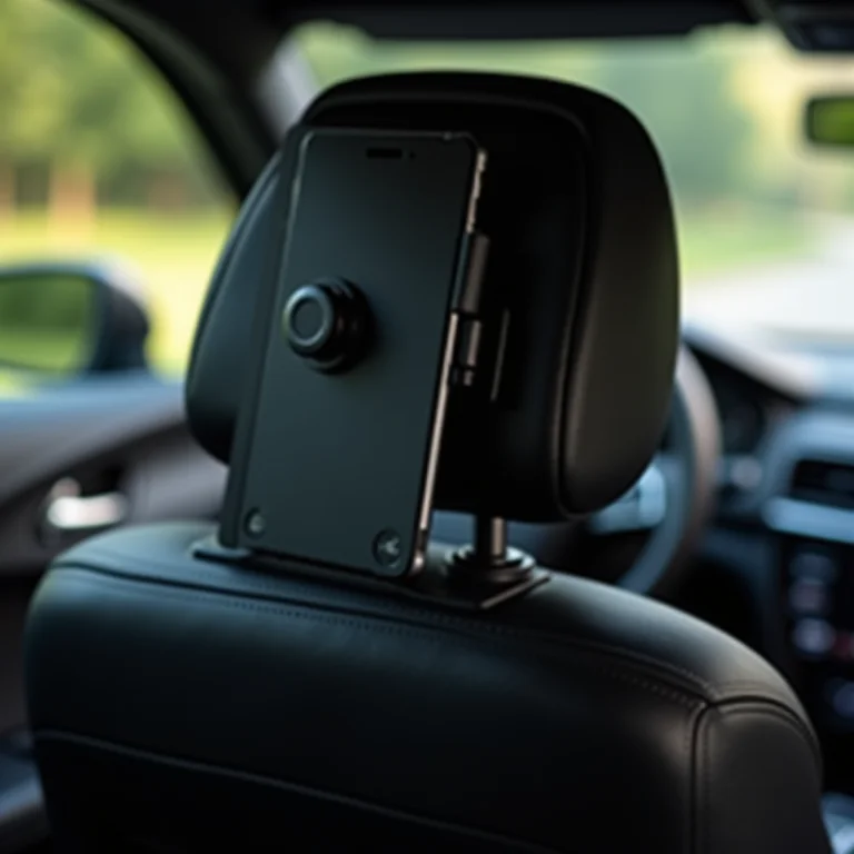 Suporte de tablet fixado no encosto de cabeça de um carro