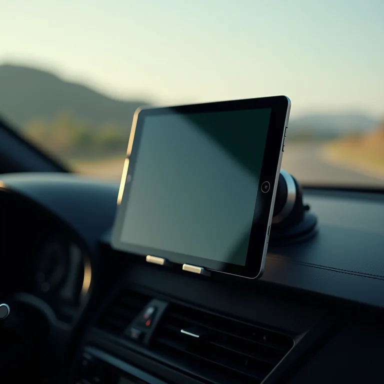 Suporte de tablet fixado no painel de um carro com GPS