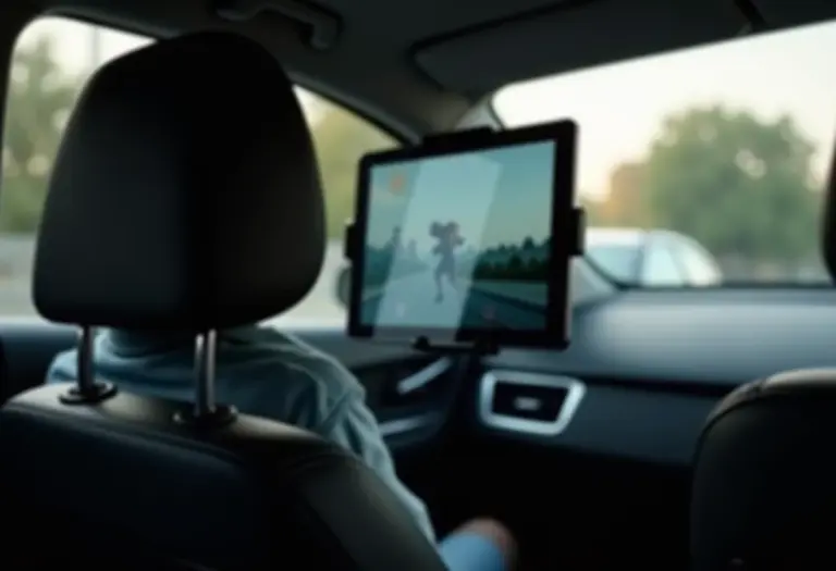 Tablet fixado em suporte no banco traseiro de um carro