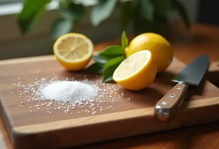 Tábua de carne de madeira com sal e limão para limpeza