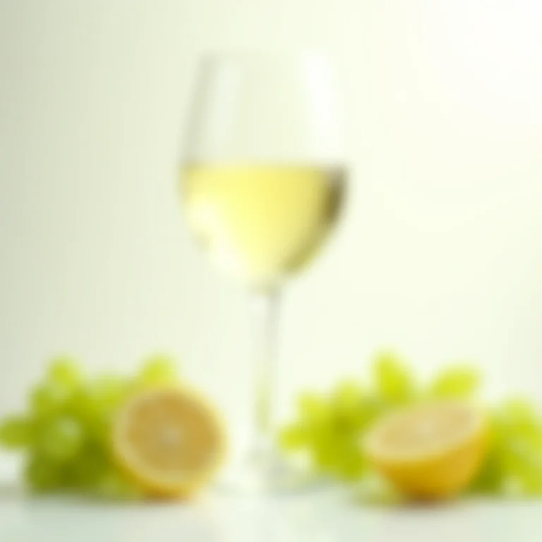Taça de vinho branco com uvas e limão.