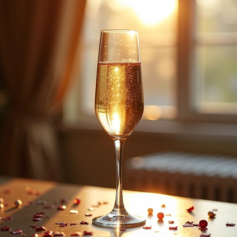 Taça flute com espumante e confetes.