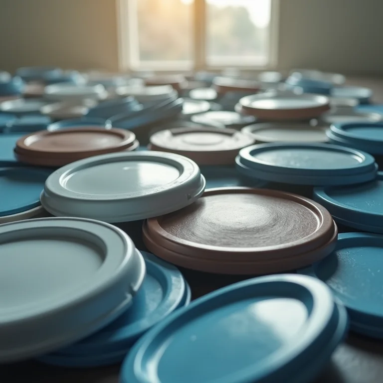 Tampas de potes plásticos perdidas e desorganizadas.