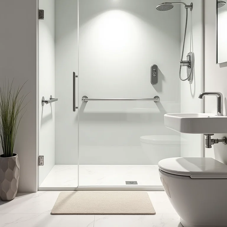 Tapete antiderrapante no banheiro e barras de apoio instaladas no chuveiro.