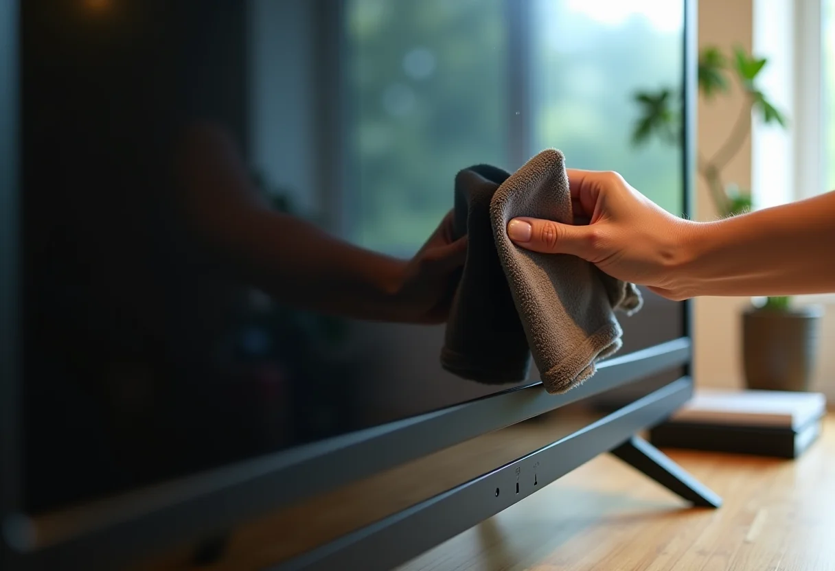 Tela de TV sendo limpa com cuidado para evitar arranhões