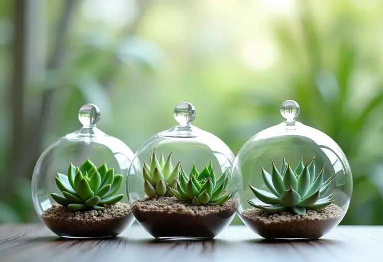 Terrários de suculentas em diferentes recipientes de vidro.