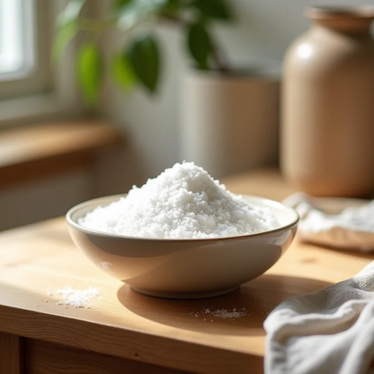 Tigela com bicarbonato de sódio em uma mesa de madeira