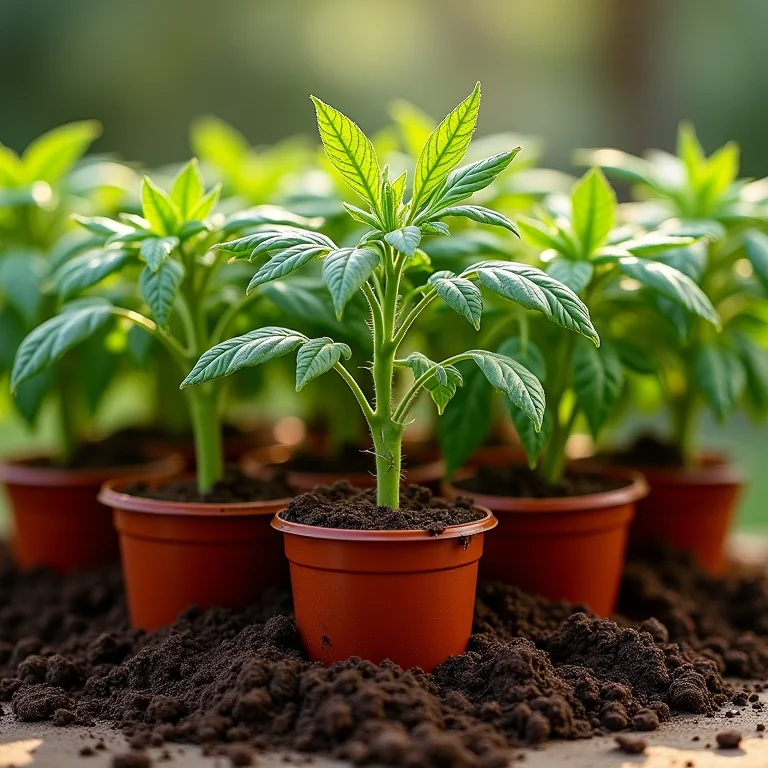 Tomateiros em vasos crescendo com composto orgânico