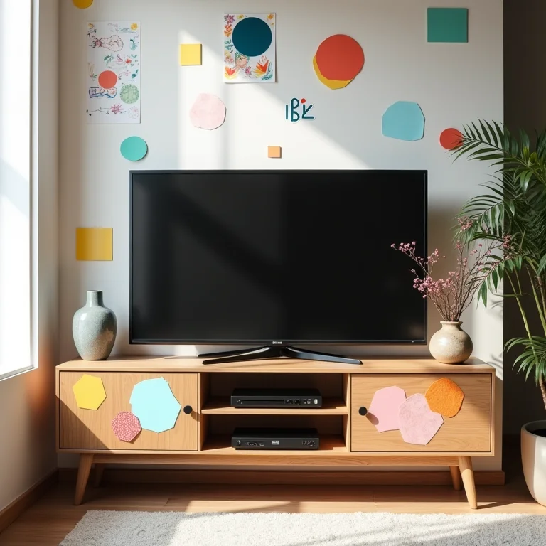 Transformação de rack de TV com adesivos e papel de parede