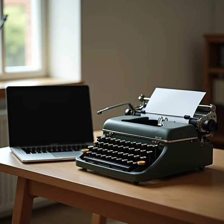 Typewriter and laptop on wooden desk.
