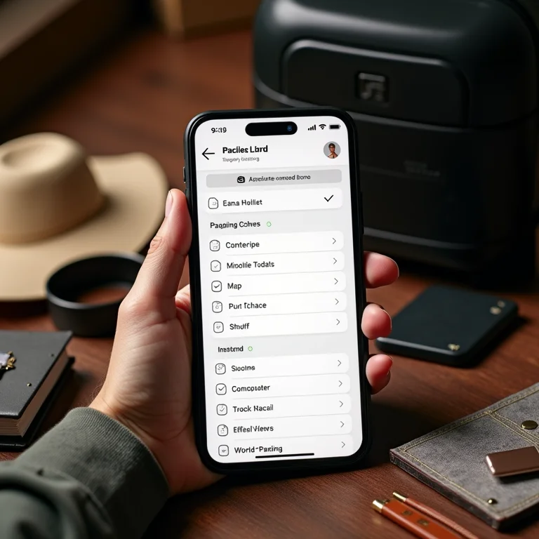 Um smartphone mostrando um aplicativo de lista de bagagem com categorias e itens