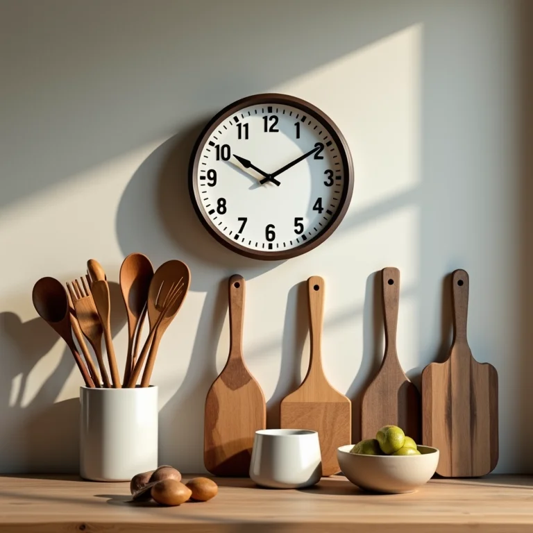Utensílios de cozinha organizados com relógio ao fundo