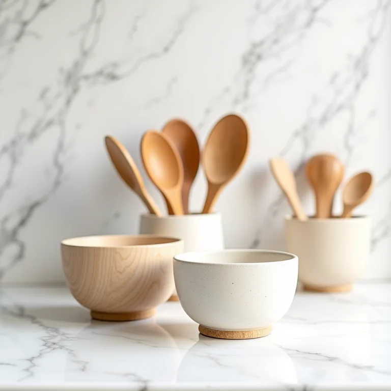 Utensílios de cozinha organizados em bancada de mármore