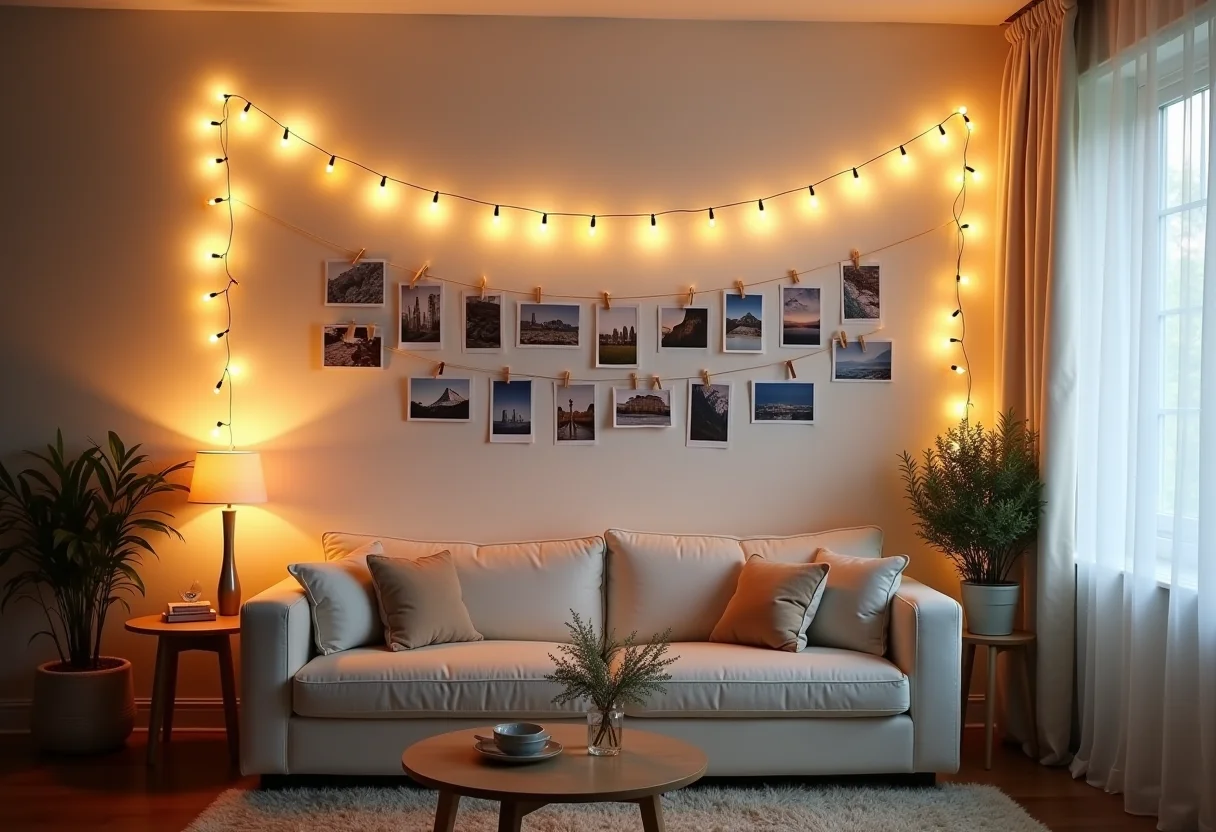 Varal de fotos charmoso iluminando uma sala de estar aconchegante.