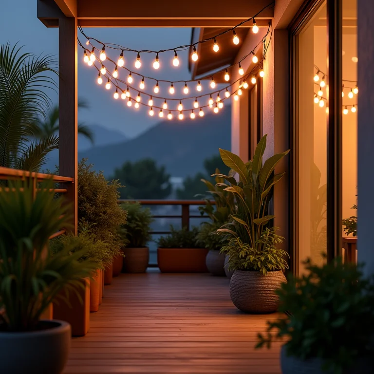 Varal de luzes decorando uma varanda moderna com plantas