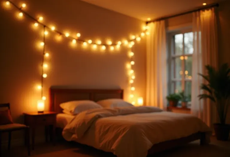 Varal de luzes iluminando um quarto aconchegante