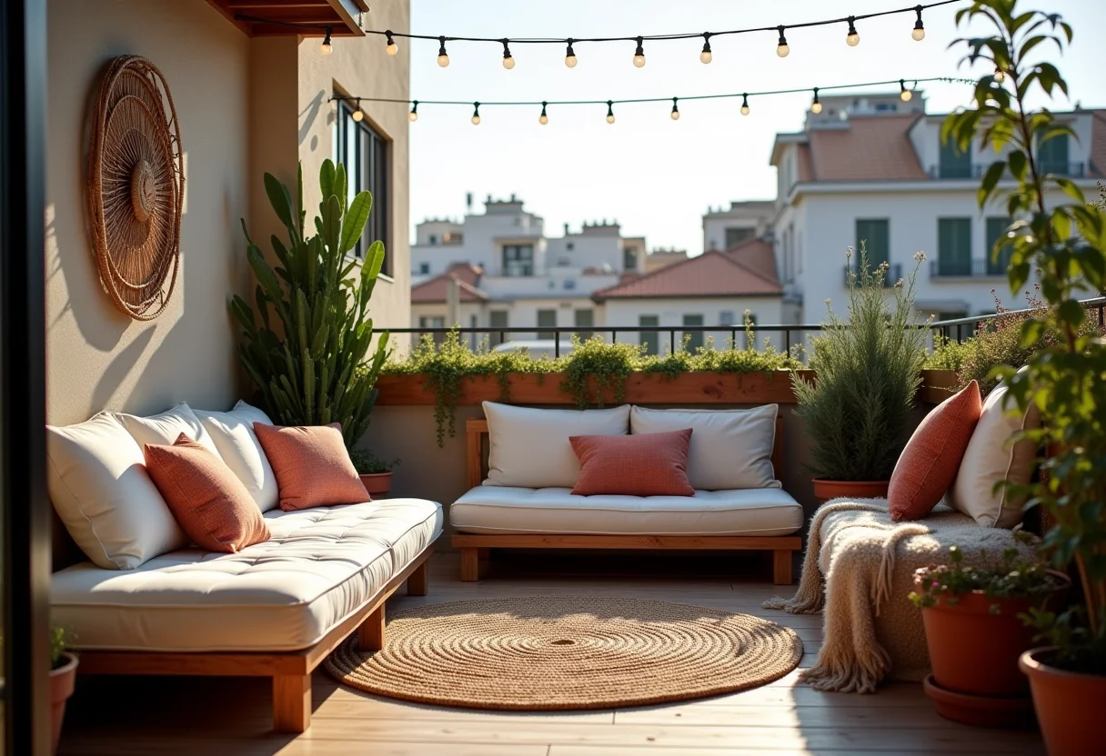 Varanda decorada com futons e estilo boho