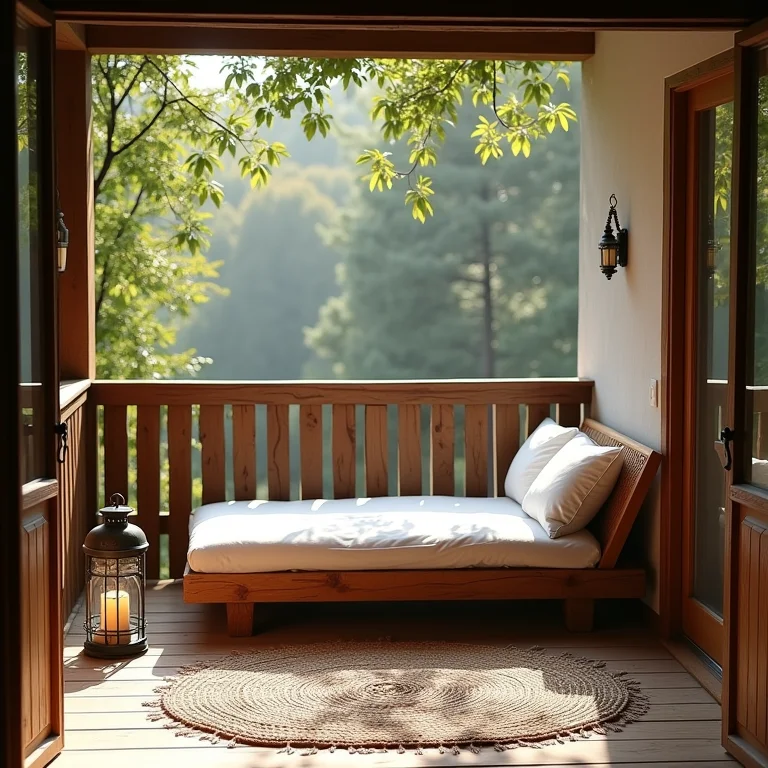 Varanda rústica com futon de madeira