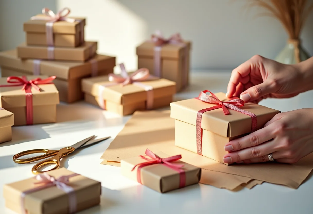 Várias caixas de presente DIY em um cenário criativo.