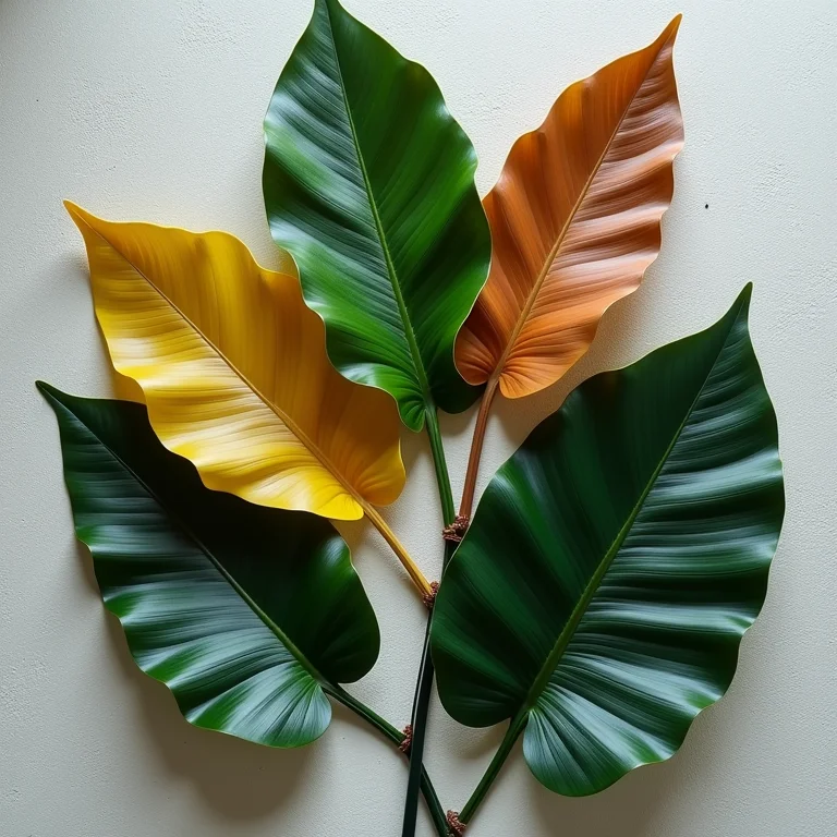 Variedade de cores e padrões em folhas de Calatheas.
