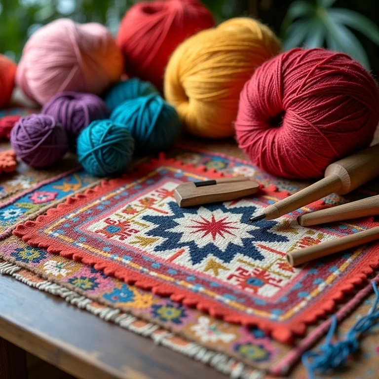 Variedade de fios coloridos e ferramentas para customizar tapete DIY