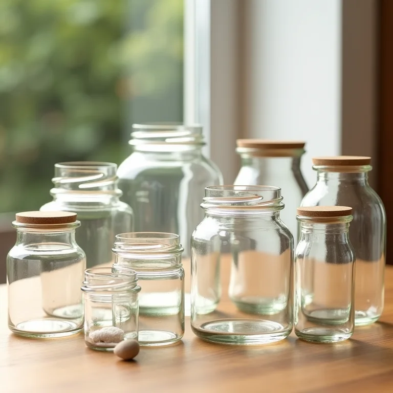 Variedade de potes de vidro vazios em diferentes formatos e tamanhos.