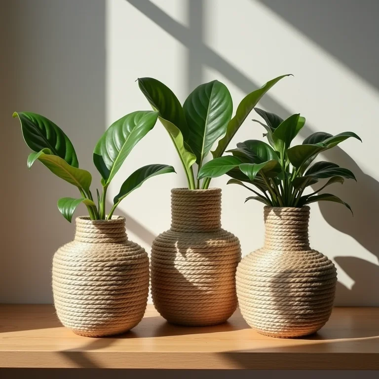 Vasos e cachepots revestidos em corda.