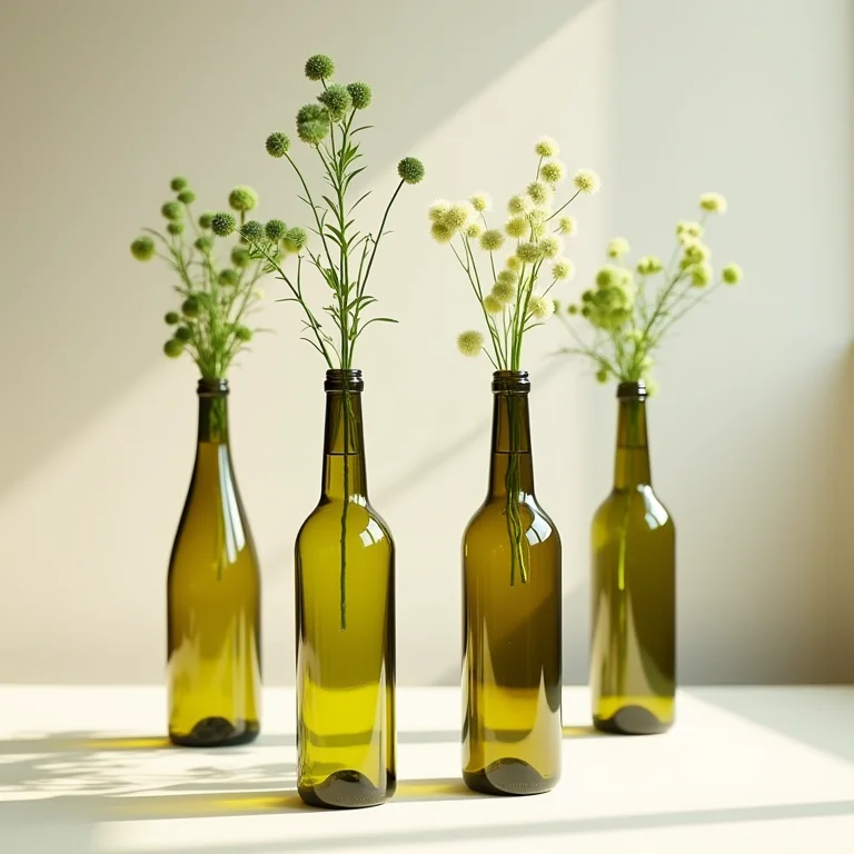 Vasos suspensos feitos com garrafas de vinho em jardim vertical