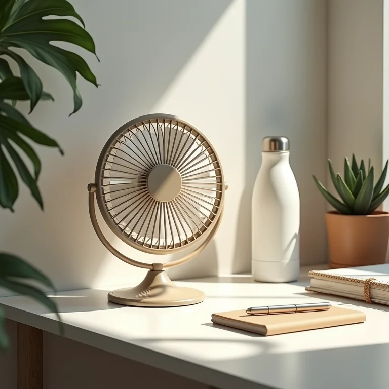 Ventilador portátil, garrafa de água e caderno em mesa organizada.