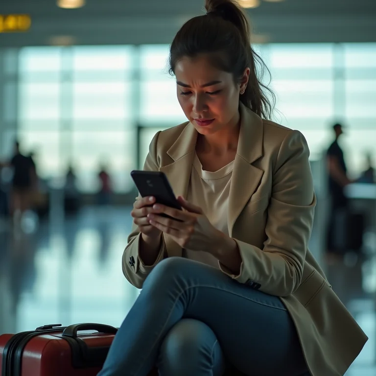 Viajante desapontada sentada em uma mala no aeroporto.