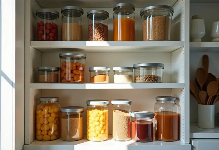 Visão geral de uma despensa organizada com alimentos variados.