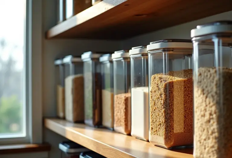 Visão geral de uma despensa organizada com potes herméticos e alimentos variados.